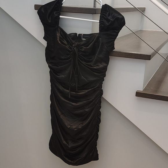 Chic Black Ruched Mini Dress - Picture 3 of 12